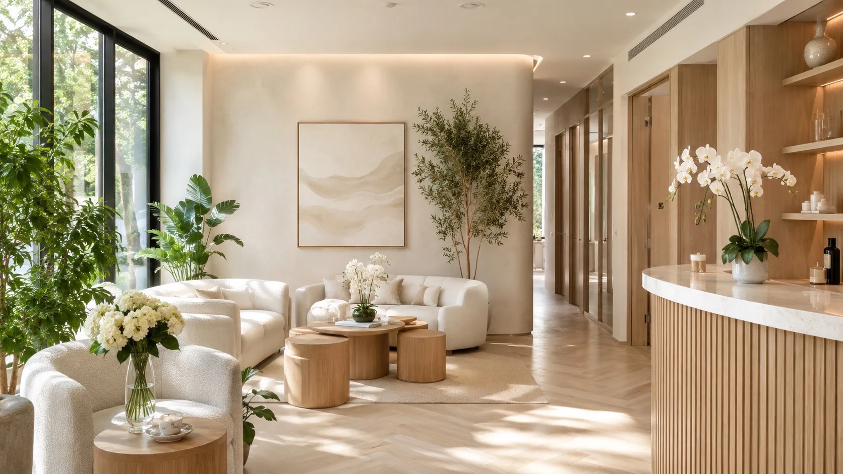 Espace d'accueil chaleureux de MS Clinic avec plantes, bois clair et lumière naturelle